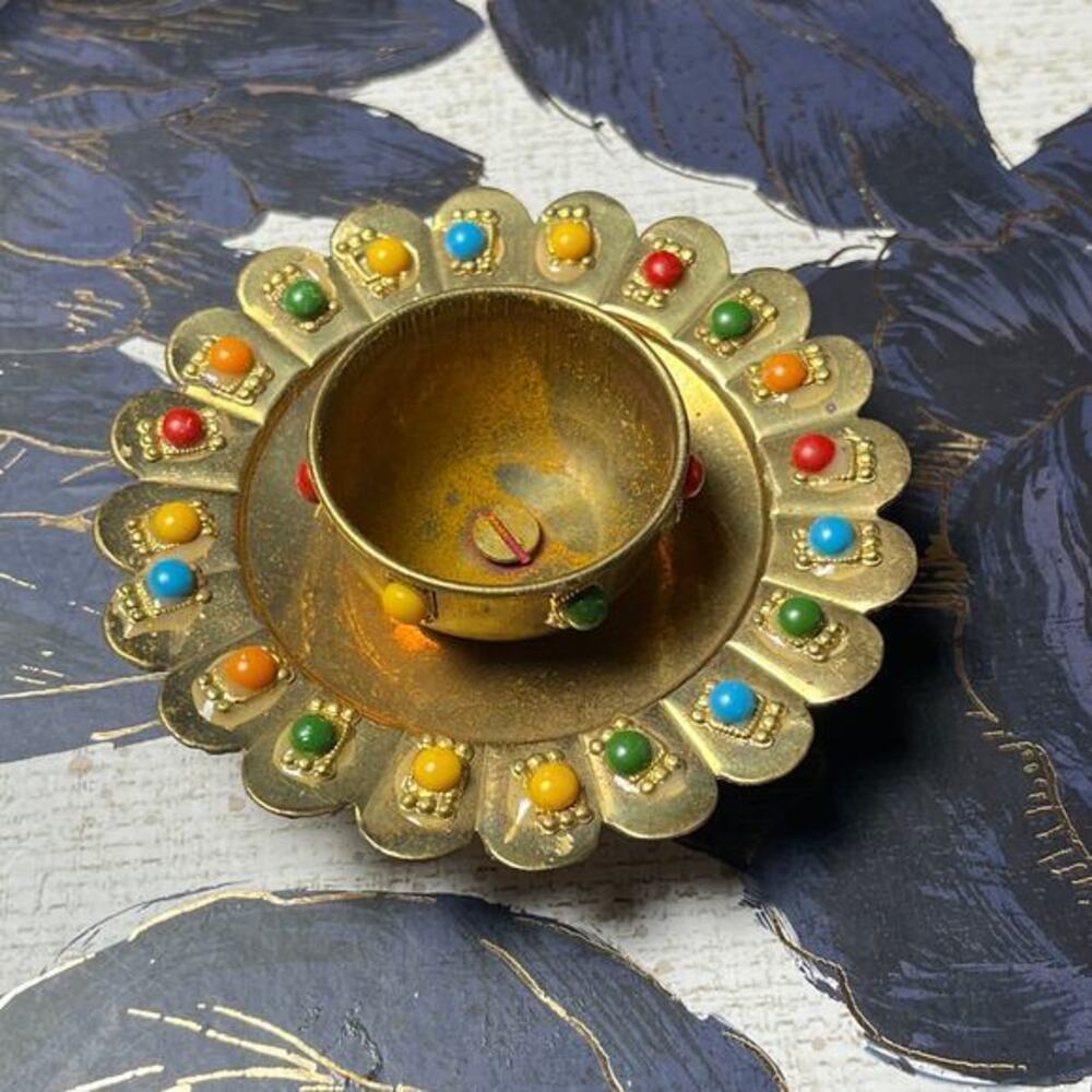 Vintage Brass Multicolor Stone Floral Tea Light Holder